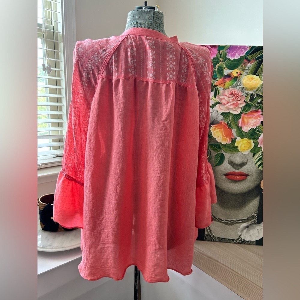 ZAC & RACHEL BOHO PEASANT TOP, CROCHET INLAY, CORAL Sz. 3X. LIGHT, AIRY, DRAPE - Picture 5 of 10